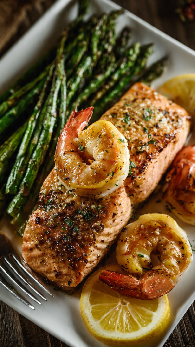 Baked Salmon with Lemon Parmesan Shrimp