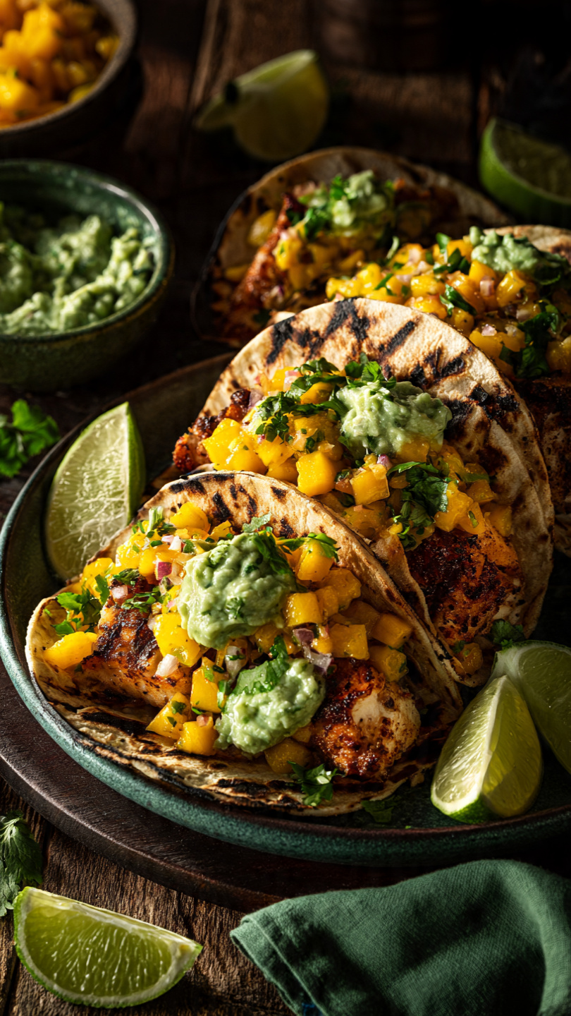 Grilled Fish Tacos with Mango Salsa and Avocado Lime Sauce