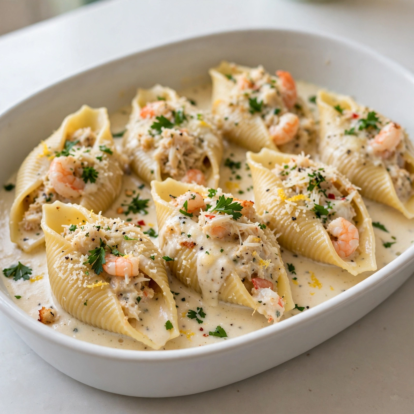 Shrimp and Crab Stuffed Shells with Alfredo Sauce